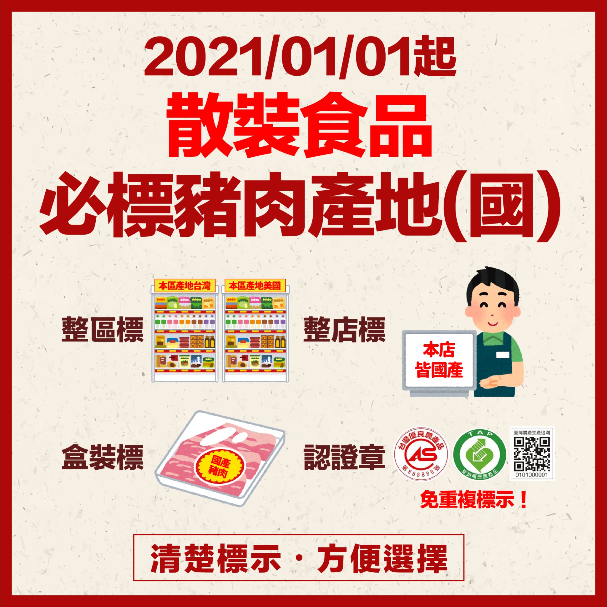 2021/01/01起 散裝食品必標豬肉產地(國)